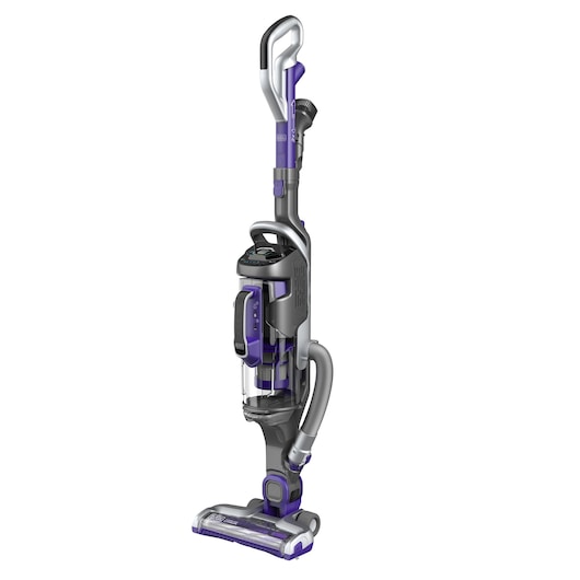A BLACK+DECKER upright vacuum cleaner with a modern design, featuring a transparent dust container and purple accents.