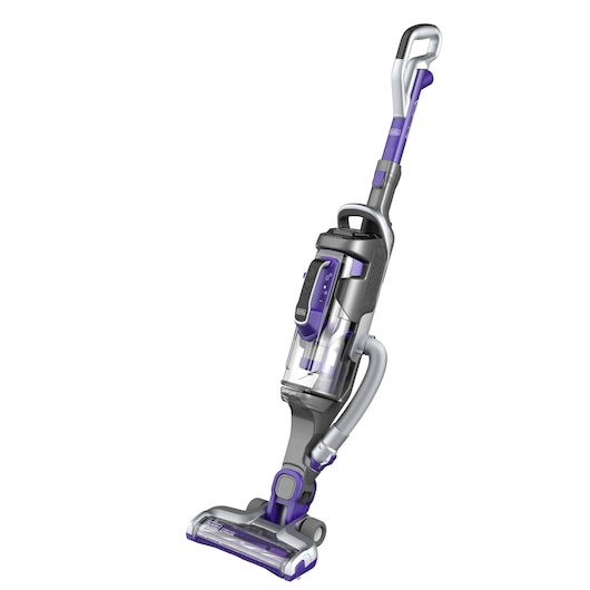 Cordless upright vacuum cleaner in grey and purple with a transparent dust container, designed for household cleaning.