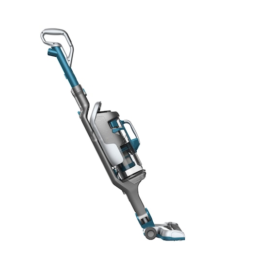 Side view of a modern upright vacuum cleaner with a grey and blue color scheme, featuring a clear dust container and ergonomic handle.