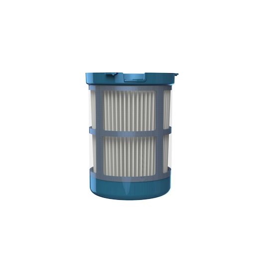 A cylindrical vacuum cleaner filter with a blue plastic frame and white pleated filter material.