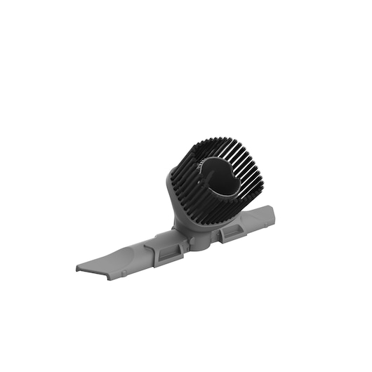 A gray vacuum cleaner brush and crevice tool attachment, photographed on a white background.