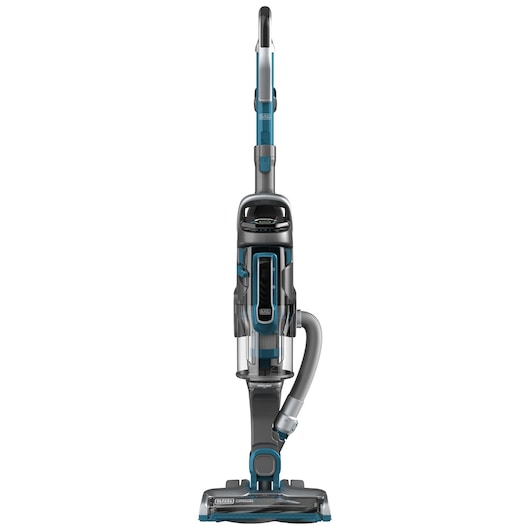 Upright cordless vacuum cleaner in grey and blue colors with a transparent dust container, shown from the front on a white background.