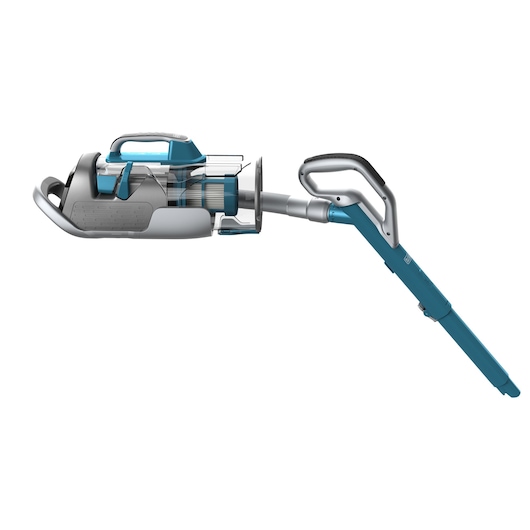 A BLACK+DECKER cordless handheld vacuum cleaner with a blue and silver design, featuring a long extension wand and ergonomic handle.