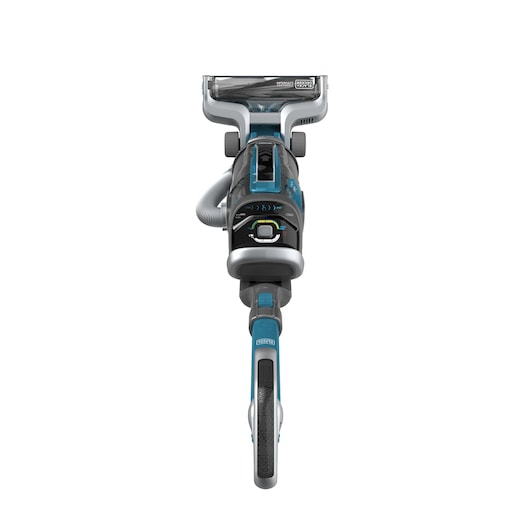 Front view of a BLACK+DECKER cordless stick vacuum cleaner with a blue and grey design, featuring a digital display and brush head.