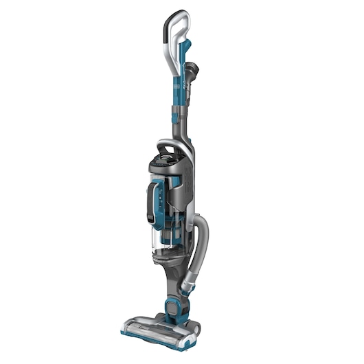 A BLACK+DECKER upright vacuum cleaner, model CUA525BH, with a grey and blue design. The vacuum has a transparent dust container and various attachments visible on the handle and sides.