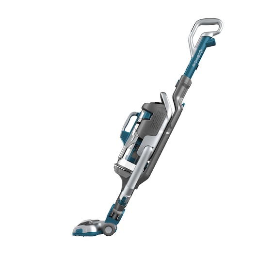 Cordless stick vacuum cleaner with a blue and silver design, featuring a detachable handheld unit and flexible handle.