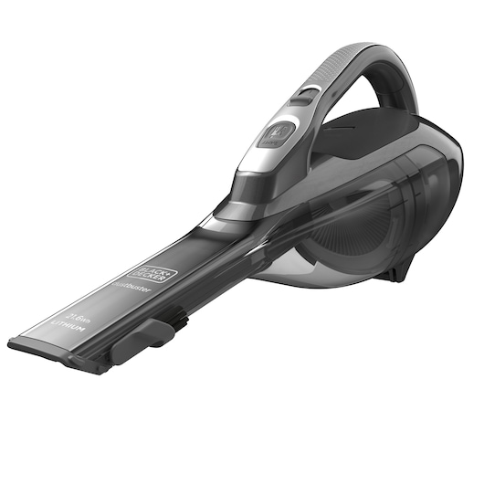 A BLACK+DECKER handheld vacuum cleaner, model DVA320J, featuring a modern design with a transparent dust container and ergonomic handle. The vacuum is cordless and powered by a lithium battery.