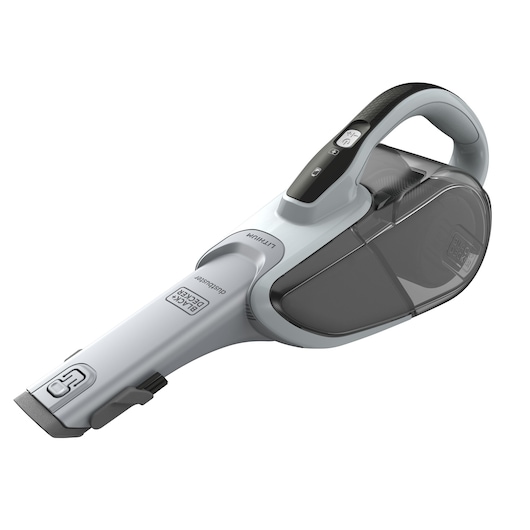 A handheld BLACK+DECKER cordless vacuum cleaner with a sleek, modern design in light grey and black.
