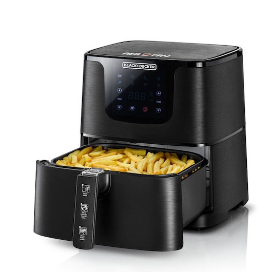 Grand Digital AeroFry Black and Decker Air Fryer Left Side View with cooked French fries in food basket and digital display