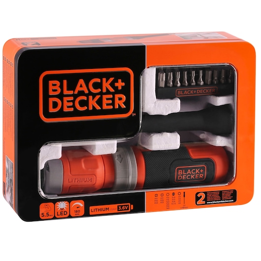 3.6V Li-Ion In-Line Screwdriver with a 400mA Charger and 20 Accessories in a Storage Tin