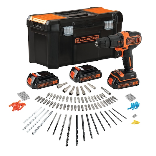 18V Cordless 2-Gear Hammer Drill With 3 Batteries, Fast Charger and 120 Accessories in Storage Case
