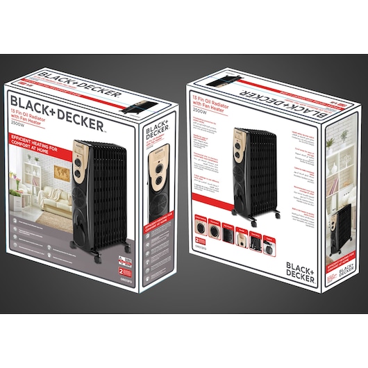Oil Radiator with Fan Heater Black and Decker 2500W 13 Fin Oil Radiator with Fan Heater 3D representation of retail packaging