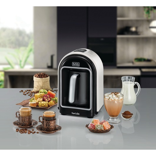 Automatic Turkish Coffee Maker Black and Decker with Turkish coffee & deserts, milk and coffee beans in Kitchen Environment