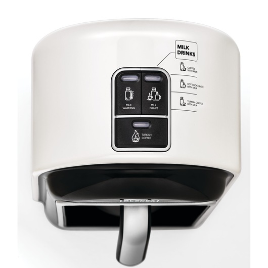 Automatic Turkish Coffee Maker Black and Decker Top view of Turkish Coffee, Milk Drinks,Milk Warming control buttons and print icons