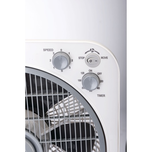 BLACKDECKER FB1220 fan control panel with speed and timer dials, close-up on white background.