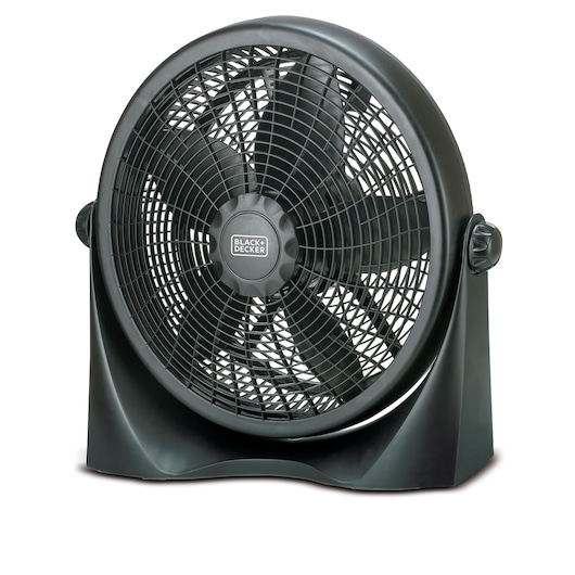 A BLACK+DECKER black plastic table fan with a round front grille and adjustable side knobs. The fan is designed for home or office use and has a modern, compact appearance.