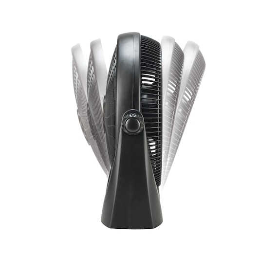 BLACKDECKER FB1620 oscillating black desk fan, side angle, showing adjustable tilt positions on white background.