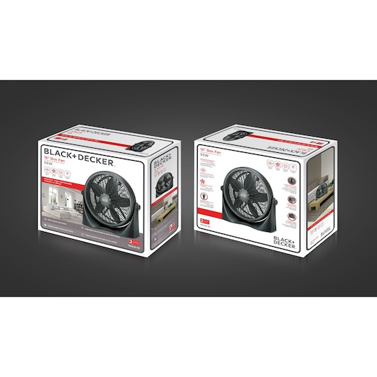 Photo of two BLACK+DECKER 16" Box Fan FB1620 packages on a dark background, showing front and angled side views.