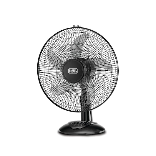 A BLACK+DECKER branded black table fan with three blades and a protective grille, positioned on a white background.