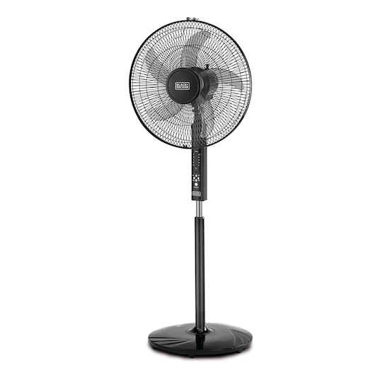 A BLACK+DECKER branded black pedestal fan with a circular grill, adjustable height, and a round base. The control panel is located on the vertical stand below the fan head.