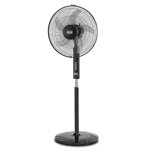 A BLACK+DECKER branded pedestal fan with a black stand and circular base, featuring adjustable height and front control buttons.