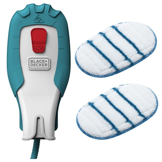 BLACK+DECKER steam mop accessory set including a teal and white handle with a red button, and two white microfiber cleaning pads with blue stripes.