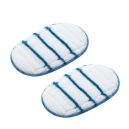 Two oval-shaped white microfiber mop pads with blue stripes and blue edging, designed for use with a BLACK+DECKER steam mop.