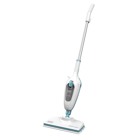 A BLACK+DECKER steam mop with a white and blue design, featuring a long handle and rectangular cleaning head, suitable for cleaning floors.