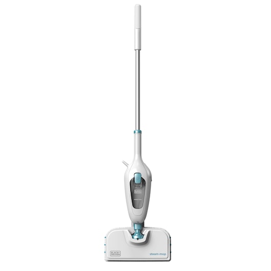 A BLACK+DECKER steam mop with a white and gray body, blue accents, and a rectangular cleaning head, shown standing upright against a white background.
