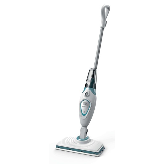 A BLACK+DECKER FSM1605 steam mop with a white and light blue design, featuring a rectangular cleaning head and ergonomic handle for efficient floor cleaning.