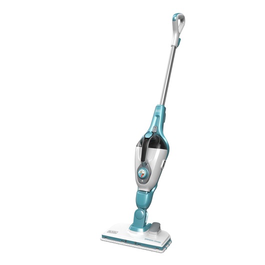 A BLACK+DECKER steam mop with a white and blue design, featuring a rectangular cleaning head and an ergonomic handle.