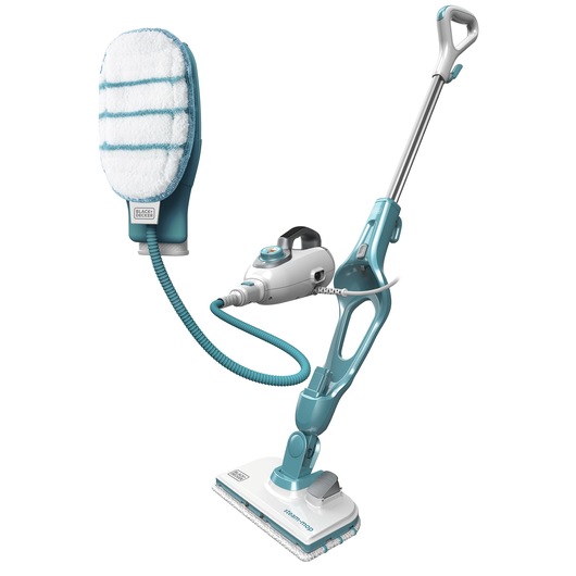 A multifunction steam mop and handheld steam cleaner with detachable components, shown in light blue and white colors. The product features a long handle, a rectangular cleaning head, and an additional attachment for cleaning various surfaces.