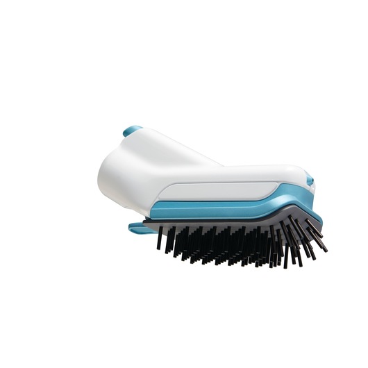 Close-up of a BLACK+DECKER steam mop brush attachment, featuring a white and blue body with black bristles.