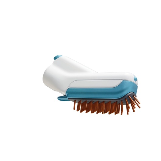 A close-up image of a BLACK+DECKER cleaning brush attachment with white, blue, and orange colors. The brush features multiple orange bristles and is designed for use with a compatible cleaning device.