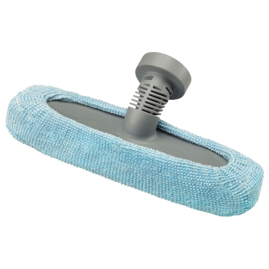 A close-up image of a gray plastic mop head attachment with a light blue microfiber cleaning pad, designed for use with BLACK+DECKER steam mops.