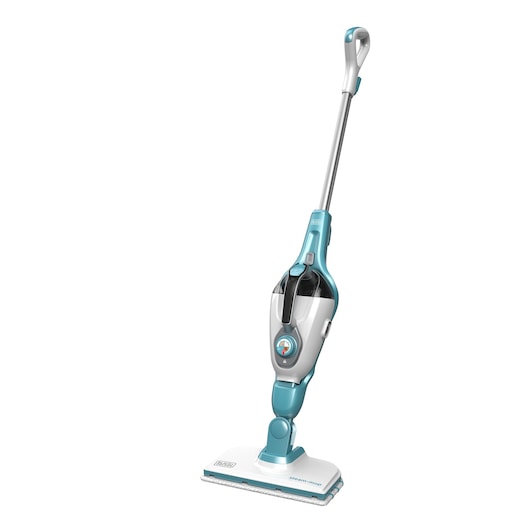 A BLACK+DECKER steam mop with a white and blue design, featuring a rectangular cleaning head and an ergonomic handle.