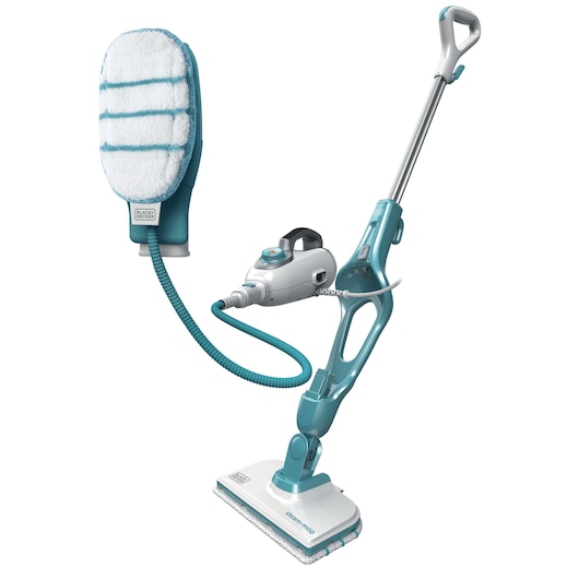 BLACK+DECKER steam mop and handheld steam cleaner with turquoise and white design, featuring a rectangular mop head and a detachable steam unit connected by a hose.