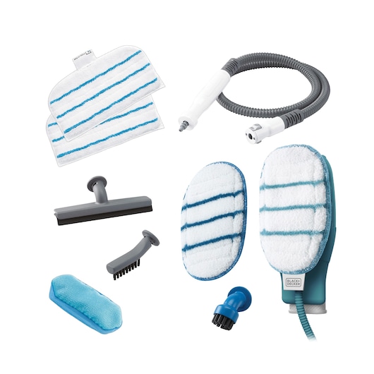 A collection of BLACK+DECKER steam cleaning accessories, including two microfiber pads, a flexible hose, a squeegee attachment, a scrubbing brush, an oval cleaning pad, a small round brush, and the main steam cleaning device.