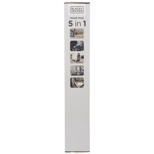 Photo of BLACK+DECKER FSMH13E5 steam-mop 5 in 1 product box, side view on white background.