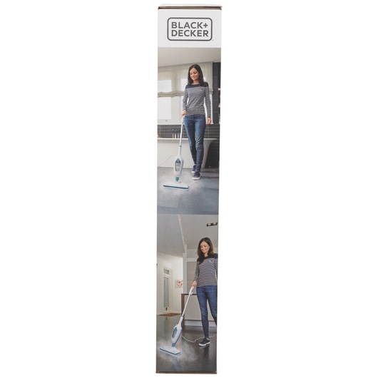 BLACK+DECKER FSMH13E5 steam mop retail box front view, showing product photo in use on floors.