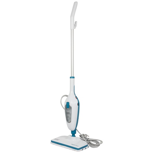 BLACKDECKER FSMH13E5 steam mop with white and blue body, photographed from the front on white background.