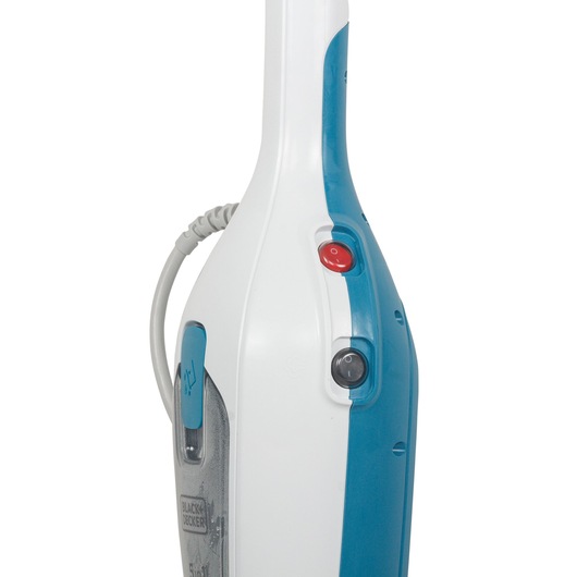 BLACKDECKER FSMH13E5 steam mop side view, white and blue body with visible power buttons and water tank.