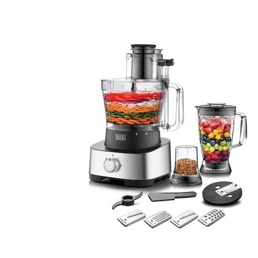 A BLACK+DECKER food processor set including a main food processor with assorted sliced vegetables inside, a blender filled with mixed fruits, a grinder with coffee beans, and several interchangeable blades and accessories displayed in front.