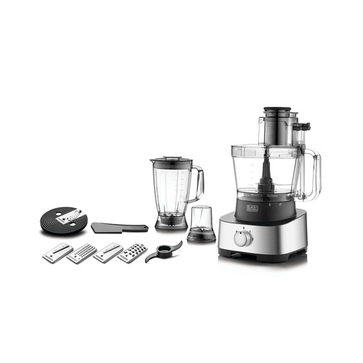 A BLACK+DECKER food processor FX1050 with multiple accessories, including blender jug, small jar, slicing blades, discs, and a spatula, displayed on a white background.