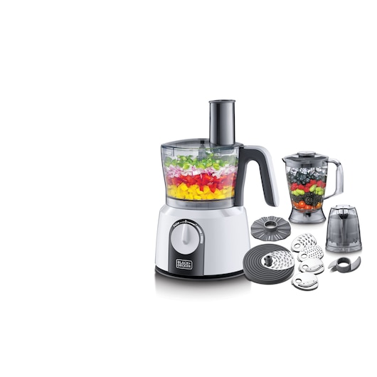 BLACK+DECKER food processor model FX1075 with sliced vegetables inside, shown with attachments including a blender jar filled with fruits, a small grinder, several metal discs and blades on a white background.