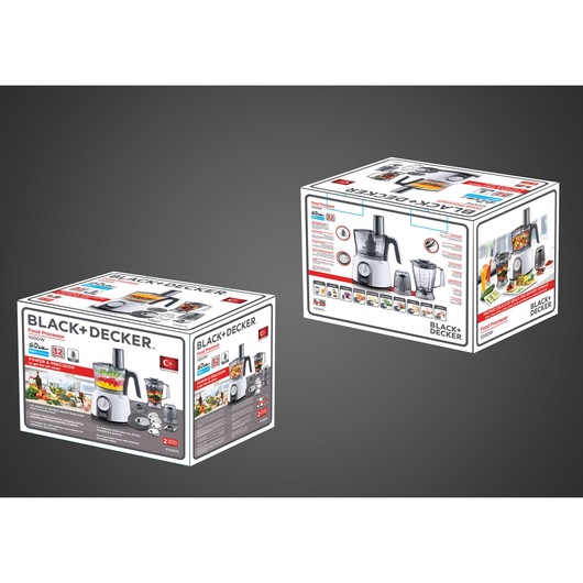 Photo of two BLACK+DECKER FX1075 food processor boxes showing product images, features, and accessories on packaging.
