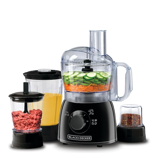 BLACK+DECKER food processor FX400BMG shown with multiple attachments and containers, including a main bowl filled with sliced cucumbers and grated carrots, a blender jar with yellow liquid, a chopper jar with ground meat, and a small jar with red spice.