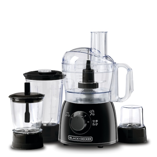 A BLACK+DECKER food processor set including a main unit with a transparent bowl and handle, a blender jar, a chopper jar, and a smaller grinding jar, all with black bases and lids.