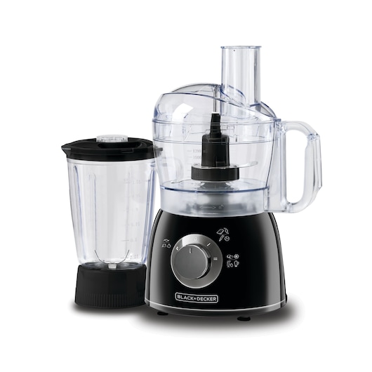 BLACK+DECKER FX400B food processor and blender set, featuring a black base with dial control, a transparent food processor bowl with handle and lid, and a separate transparent blender jug with black lid.