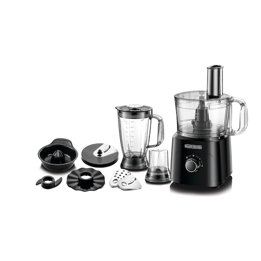 A BLACK+DECKER multi-function food processor with various attachments, including a blender jar, juicer, chopping blades, slicing disks, and grinder, shown on a white background.